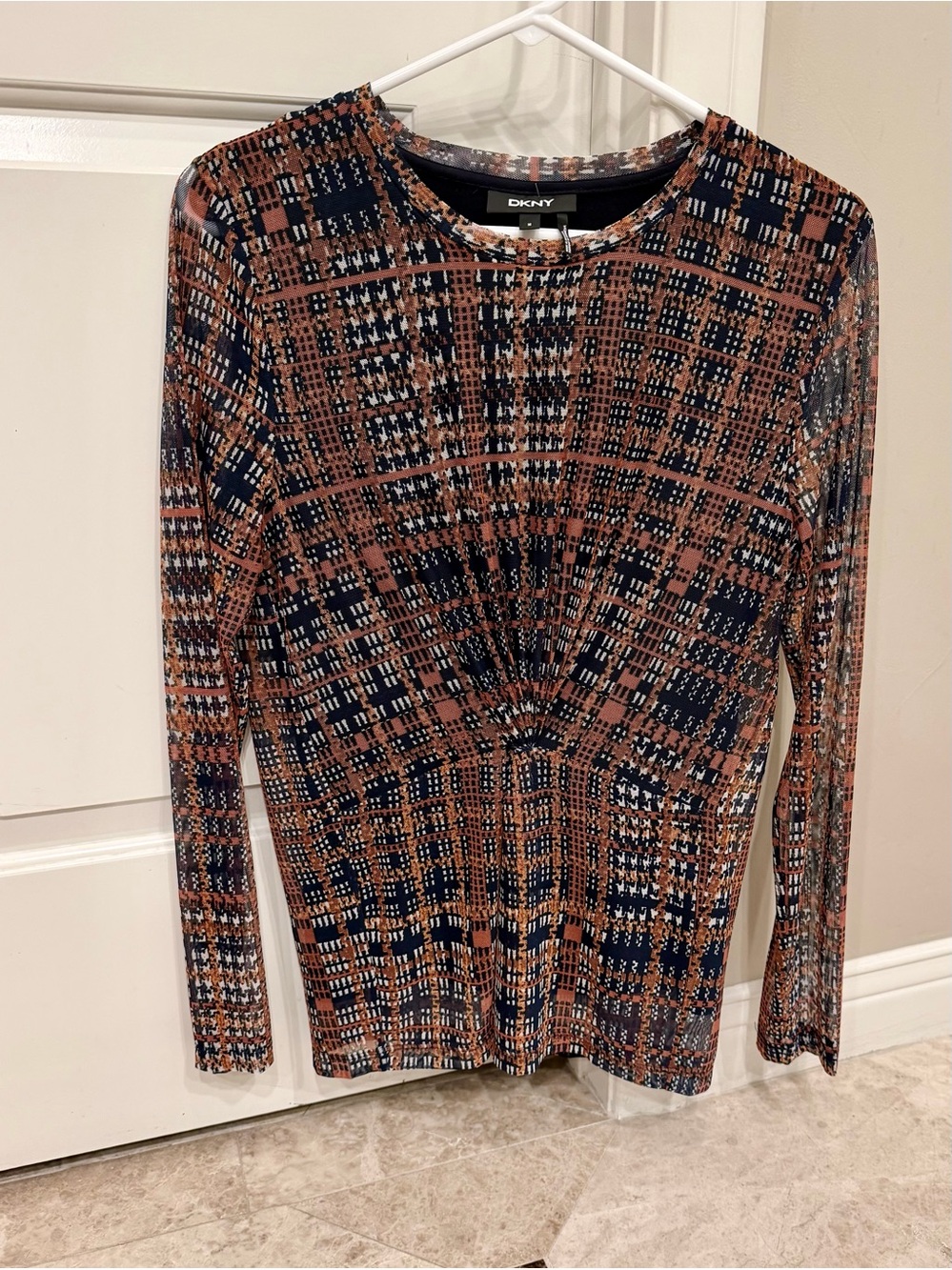 DKNY Sheer Mesh Overlay Long Sleeve Top | Size M